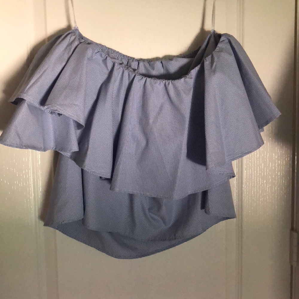 Off the shoulder blue and white ruffle top